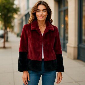 Trina Turk Blanche Faux Fur Color Block Winter Coat Burgundy Wine XS/TP EUC